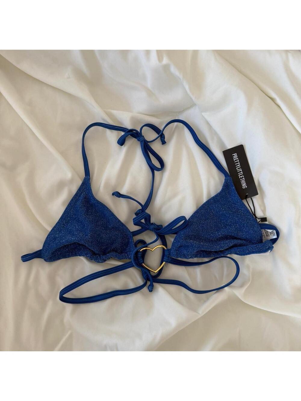 Pretty little thing blue shimmer heart detail tie bikini top NWT